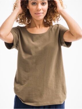 Ali Golden Rolled Cuffed Sleeve Thick Knit Cotton T-Shirt Olive Green